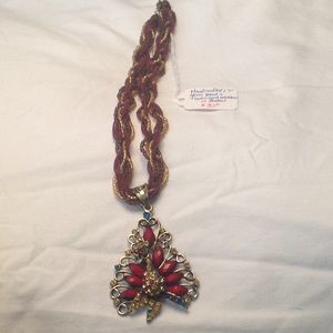 Glass Bead & Satin Cord Necklace w Pendant